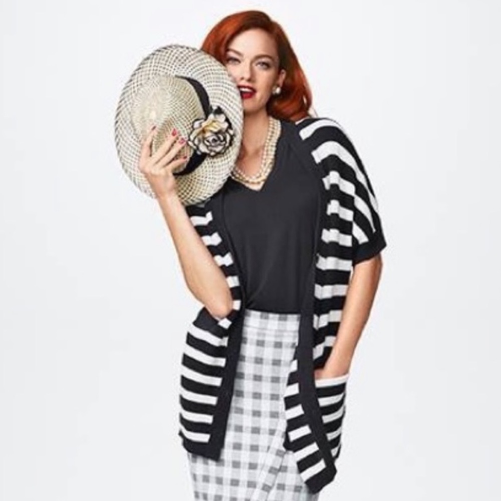 CAbi Whistle Sweater Cardigan Button Short Sleeve Black White Stripe 5289